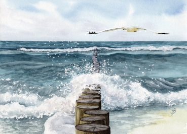 Folienmagnet Aquarell Maritim Kunst Druck Wellenbrecher Dänemark Nordsee Ostsee Düne Dünen Meer Möwe Möwen Strand