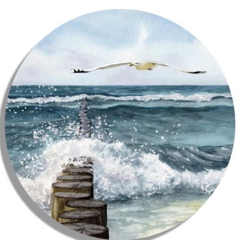 Untersetzer Glasuntersetzer rund 9,5 cm  Aquarell Wellenbrecher Maritim Kunst Druck Dänemark Nordsee Ostsee Düne Dünen Meer Möwe Möwen Strand