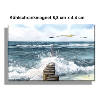 Kühlschrankmagnet Aquarell Maritim Kunst Druck Wellenbrecher Dänemark Nordsee Ostsee Düne Dünen Meer Möwe Möwen Strand