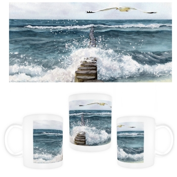 Tasse Becher Kaffeebecher Aquarell Wellenbrecher Maritim Kunst Druck Dänemark Nordsee Ostsee Düne Dünen Meer Möwe Möwen Strand