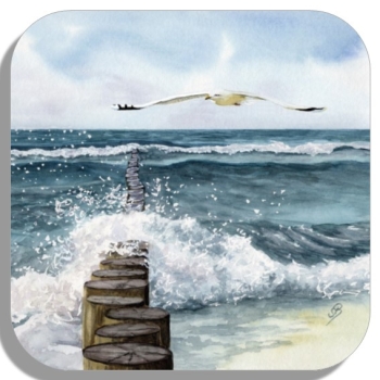 Untersetzer Glasuntersetzer 9,5 x 9,5 cm  Aquarell Wellenbrecher  Maritim Kunst Druck Dänemark Nordsee Ostsee Düne Dünen Meer Möwe Möwen Strand