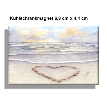 Kühlschrankmagnet Sonnenuntergang Strand mit Muschelherz  - Sylt19 - Beschriftung nach Wahl möglich. Aquarell Maritim Kunst Druck Kunstdruck Dänemark Nordsee Düne Dünen Meer Möwe Ostsee