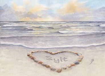Poster DIN-A3  - Sonnenuntergang Strand mit Muschelherz  - Sylt19 - Beschriftung nach Wahl möglich.