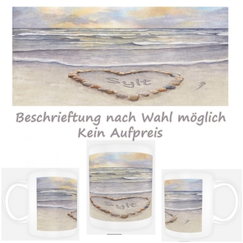 Cup Coffee Cup Mug Sunset beach with shell heart - Sylt19 - lettering of your choice possible. Watercolor Maritime Art Print Denmark North Sea Baltic Sea Dune Dunes Beach Seagull Seagulls