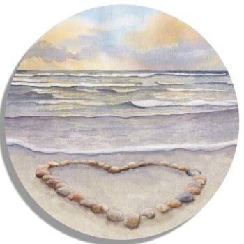 Untersetzer Glasuntersetzer rund 9,5 cm  Sonnenuntergang Strand mit Muschelherz  - Sylt19 - Beschriftung nach Wahl möglich. Aquarell Maritim Kunst Druck Kunstdruck Dänemark Nordsee Düne Dünen Meer Möwe Ostsee