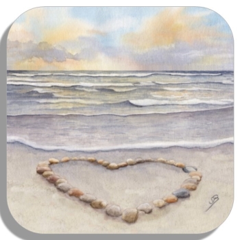 Untersetzer Glasuntersetzer 9,5 x 9,5 cm Sonnenuntergang Strand mit Muschelherz  - Sylt19 - Beschriftung nach Wahl möglich. Aquarell Maritim Kunst Druck Kunstdruck Dänemark Nordsee Düne Dünen Meer Möwe Ostsee