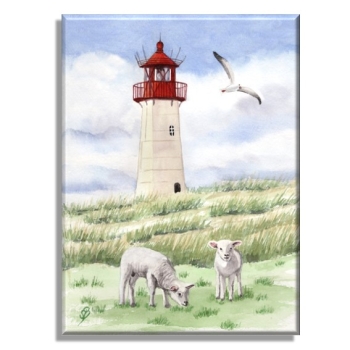 Leinwand 30 x 20 cm Keilrahmen Canvas-Leinen Aquarell Kunst Maritim Druck Kunstdruck Leuchtturm List Sylt Nordsee Meer Strand Dünen Schafe