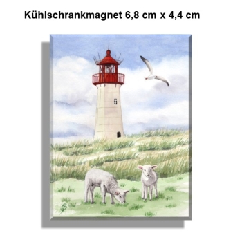 Kühlschrankmagnet  Aquarell Kunst Maritim Druck Kunstdruck Leuchtturm List Sylt Nordsee Meer Strand Dünen Schafe