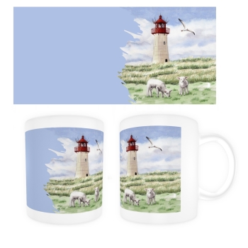 Tasse Becher Kaffeebecher Aquarell Kunst Maritim Druck Kunstdruck Leuchtturm List Sylt Nordsee Meer Strand Dünen Schafe