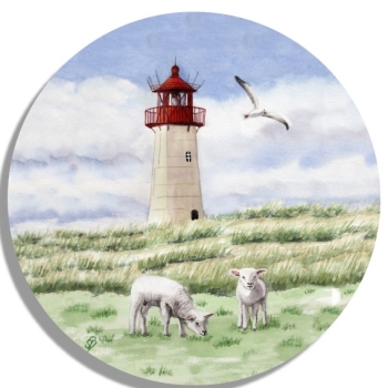Untersetzer Glasuntersetzer rund 9,5 cm Aquarell Kunst Maritim Druck Kunstdruck Leuchtturm List Sylt Nordsee Meer Strand Dünen Schafe