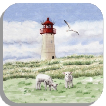 Untersetzer Glasuntersetzer 9,5 x 9,5 cm Aquarell Kunst Maritim Druck Kunstdruck Leuchtturm List Sylt Nordsee Meer Strand Dünen Schafe