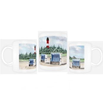 Tasse Becher Kaffeebecher Aquarell Kunst Maritim Druck Kunstdruck Leuchtturm Hörnum Sylt Nordsee Meer Strand Dünen