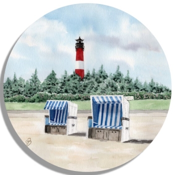 Untersetzer Glasuntersetzer rund 9,5 cm Aquarell Kunst Maritim Druck Kunstdruck Leuchtturm Hörnum Sylt Nordsee Meer Strand Dünen