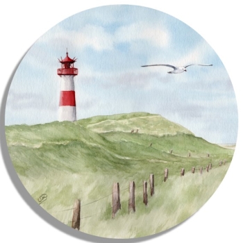 Untersetzer Glasuntersetzer rund 9,5 cm Aquarell Kunst Maritim Druck Kunstdruck Leuchtturm List Sylt Nordsee Meer Strand Dünen