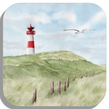 Untersetzer Glasuntersetzer 9,5 x 9,5 cm Aquarell Kunst Maritim Druck Kunstdruck Leuchtturm List Sylt Nordsee Meer Strand Dünen