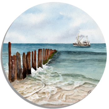 Untersetzer Glasuntersetzer rund 9,5 cm  Aquarell Wellenbrecher Maritim Kunst Druck Dänemark Nordsee Ostsee Düne Dünen Meer Möwe Möwen Strand