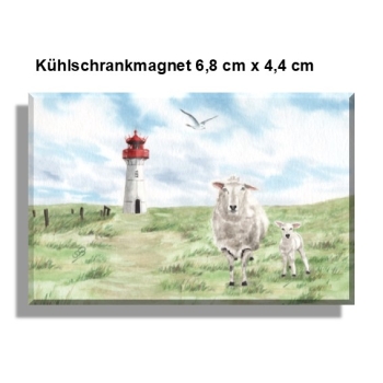 Kühlschrankmagnet  Aquarell Kunst Maritim Druck Kunstdruck Leuchtturm List Sylt Nordsee Meer Strand Dünen Schafe
