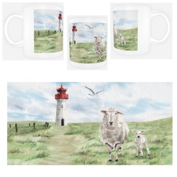 Tasse Becher Kaffeebecher Aquarell Kunst Maritim Druck Kunstdruck Leuchtturm List Sylt Nordsee Meer Strand Dünen Schafe