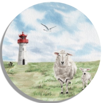 Untersetzer Glasuntersetzer rund 9,5 cm Aquarell Kunst Maritim Druck Kunstdruck Leuchtturm List Sylt Nordsee Meer Strand Dünen Schafe