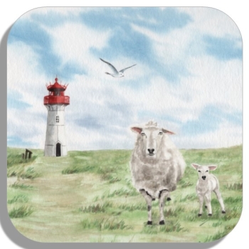 Untersetzer Glasuntersetzer 9,5 x 9,5 cm Aquarell Kunst Maritim Druck Kunstdruck Leuchtturm List Sylt Nordsee Meer Strand Dünen Schafe