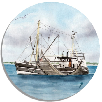 Untersetzer Glasuntersetzer rund 9,5 cm  Aquarell Maritim Kunst Druck Kunstdruck Dänemark Nordsee Ostsee Fischerboot Kutter Fischkutter Krabbenkutter  Meer Boot Möwen