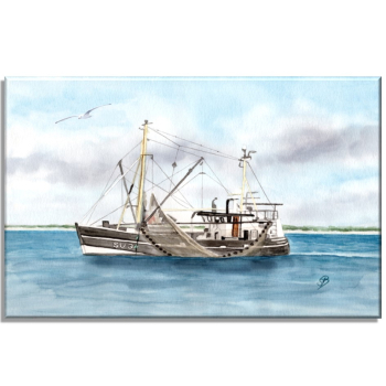 Leinwand 30 x 20 cm Keilrahmen Canvas-Leinen Aquarell Maritim Kunst Druck Kunstdruck Dänemark Nordsee Ostsee Fischerboot Kutter Fischkutter Krabbenkutter  Meer Boot Möwen