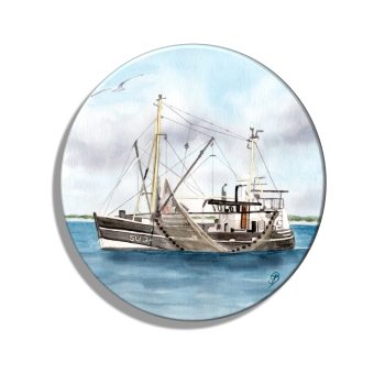 Kühlschrankmagnet m. Flaschenöffner  Aquarell Maritim Kunst Druck Kunstdruck Dänemark Nordsee Ostsee Fischerboot Kutter Fischkutter Krabbenkutter  Meer Boot Möwen