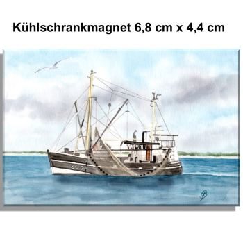 Kühlschrankmagnet Aquarell Maritim Kunst Druck Kunstdruck Dänemark Nordsee Ostsee Fischerboot Kutter Fischkutter Krabbenkutter  Meer Boot Möwen