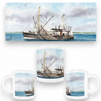 Tasse Becher Kaffeebecher  Aquarell Maritim Kunst Druck Kunstdruck Dänemark Nordsee Ostsee Fischerboot Kutter Fischkutter Krabbenkutter rot Meer Boot Möwen