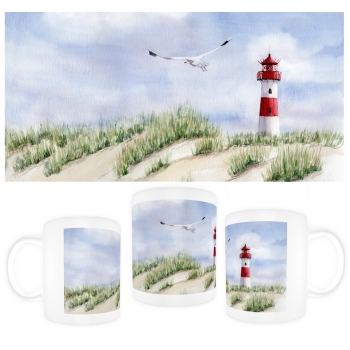 Tasse Becher Kaffeebecher Aquarell Kunst Maritim Druck Kunstdruck Leuchtturm List Sylt Nordsee Meer Strand Dünen