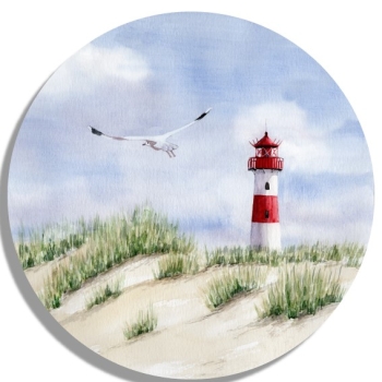 Untersetzer Glasuntersetzer rund 9,5 cm Aquarell Kunst Maritim Druck Kunstdruck Leuchtturm List Sylt Nordsee Meer Strand Dünen