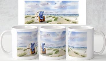 Tasse Becher Kaffeebecher Aquarell Maritim Kunst Druck Kunstdruck Dänemark Nordsee Ostsee Strandkorb Düne Dünen Sylt Meer Möwe Strand