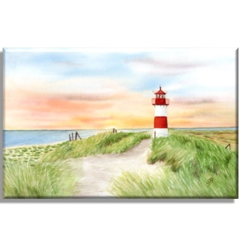 Leinwand 30 x 20 cm Keilrahmen Canvas-Leinen Aquarell Kunst Maritim Druck Kunstdruck Leuchtturm List Sylt Nordsee Meer Strand Dünen Sonnenuntergang