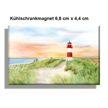 Kühlschrankmagnet  Aquarell Kunst Maritim Druck Kunstdruck Leuchtturm List Sylt Nordsee Meer Strand Dünen Sonnenuntergang