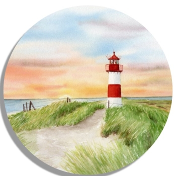 Untersetzer Glasuntersetzer rund 9,5 cm Aquarell Kunst Maritim Druck Kunstdruck Leuchtturm List Sylt Nordsee Meer Strand Dünen Sonnenuntergang
