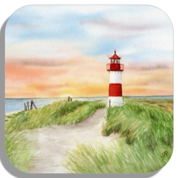 Untersetzer Glasuntersetzer 9,5 x 9,5 cm Aquarell Kunst Maritim Druck Kunstdruck Leuchtturm List Sylt Nordsee Meer Strand Dünen Sonnenuntergang