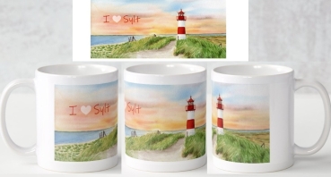 Tasse Becher Kaffeebecher Aquarell Kunst Maritim Druck Kunstdruck Leuchtturm List Sylt Nordsee Meer Strand Dünen Sonnenuntergang