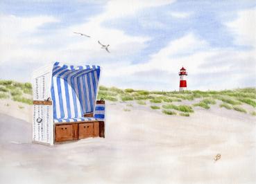 Postcard DIN-A6  Watercolor Maritime Art Print Beach Chair Lighthouse North Sea Baltic Sea Denmark Dunes Sylt