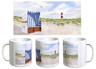 Cup Coffee Cup Mug Watercolor Maritime Art Print Beach Chair Lighthouse North Sea Baltic Sea Denmark Dunes Sylt