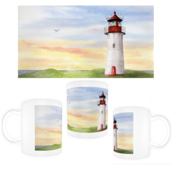 Tasse Becher Kaffeebecher Aquarell Kunst Maritim Druck Kunstdruck Leuchtturm  Sylt Nordsee Meer Strand Dünen