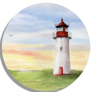 Untersetzer Glasuntersetzer rund 9,5 cm Aquarell Kunst Maritim Druck Kunstdruck Leuchtturm  Sylt Nordsee Meer Strand Dünen