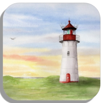Untersetzer Glasuntersetzer 9,5 x 9,5 cm Aquarell Kunst Maritim Druck Kunstdruck Leuchtturm  Sylt Nordsee Meer Strand Dünen