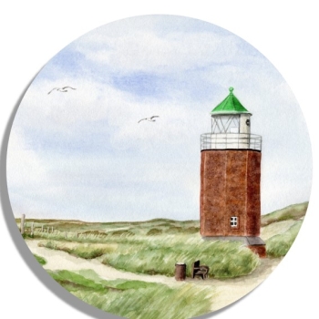 Untersetzer Glasuntersetzer rund 9,5 cm Aquarell Kunst Maritim Druck Kunstdruck Leuchtturm Rotes Kliff Kampen Sylt Nordsee Meer Strand Dünen