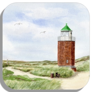 Untersetzer Glasuntersetzer 9,5 x 9,5 cm Aquarell Kunst Maritim Druck Kunstdruck Leuchtturm Rotes Kliff Kampen Sylt Nordsee Meer Strand Dünen