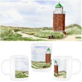 Tasse Becher Kaffeebecher Aquarell Kunst Maritim Druck Kunstdruck Leuchtturm Rotes Kliff Kampen Sylt Nordsee Meer Strand Dünen