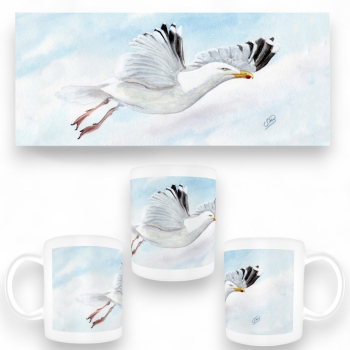 Tasse Becher Kaffeebecher  Aquarell Maritim Kunst Druck Kunstdruck Dänemark Nordsee Ostsee Möwe im Flug