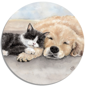 Untersetzer Glasuntersetzer rund 9,5 cm   Aquarell Kunst Druck Kunstdruck  Katze und Hund - T15