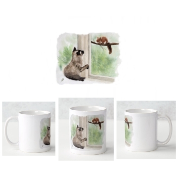 Cup Coffee Cup Mug watercolor art print cat at the window