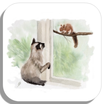 Coasters glass coasters 9,5 x  9,5 cm watercolor art print cat at the window
