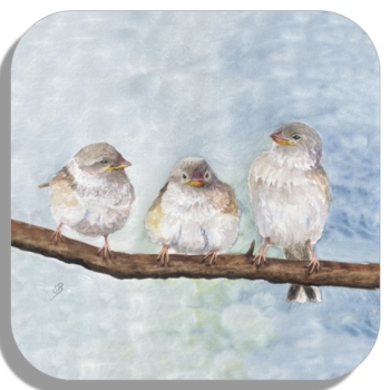 Untersetzer Glasuntersetzer 9,5 x 9,5 cm Aquarell Kunst Druck Kunstdruck Spatz Vogel Frühling Vögel Ast Spatzen